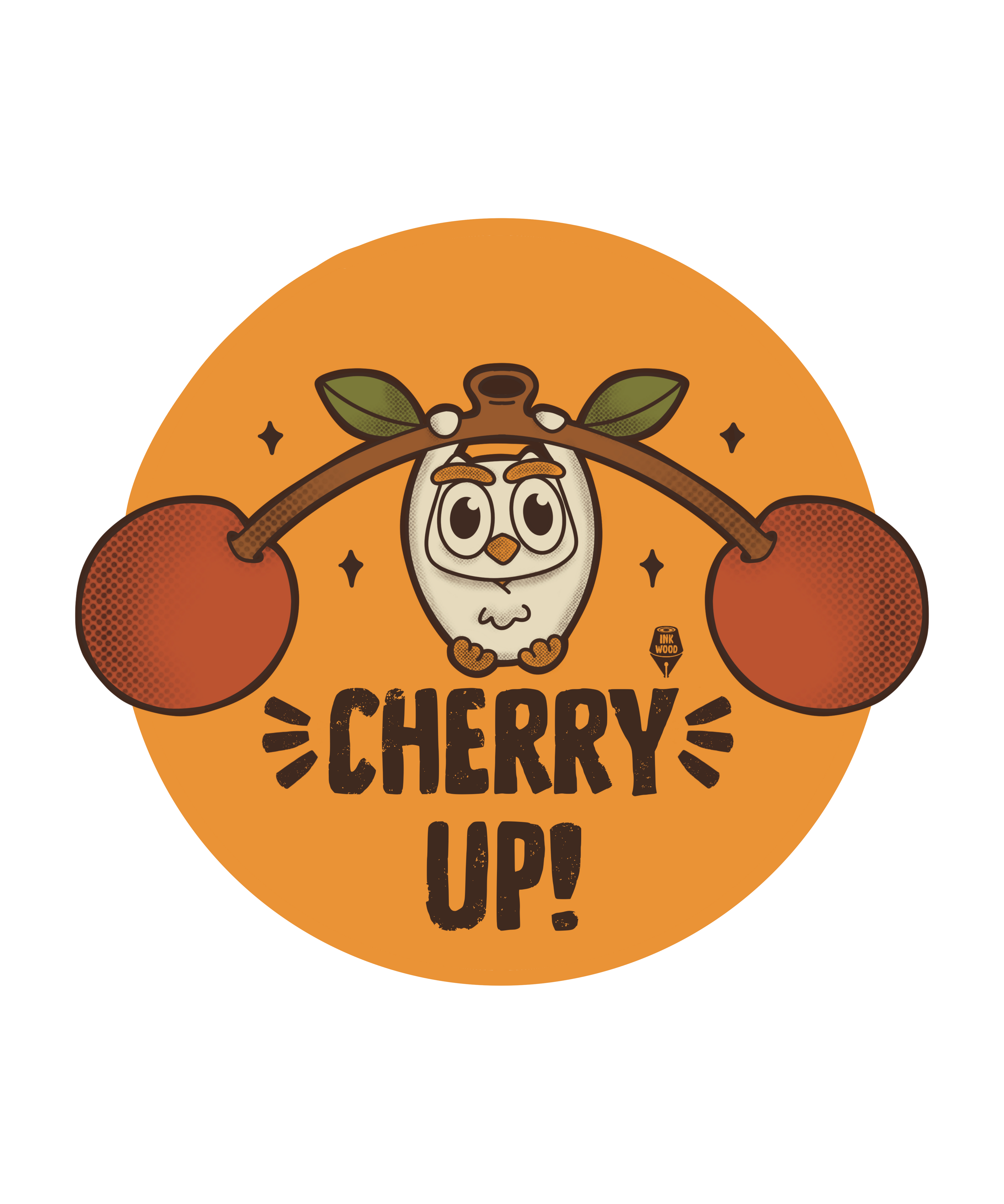 Illustration of a cartoon owl with cherries and 'Cherry Up!' text on an orange background